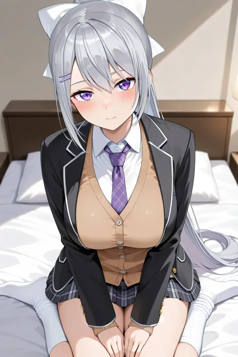 best quality, amazing quality, highres, absurdres, very aesthetic, high resolution, ultra detailed, perfect details,nijikaede,large breasts,purple eye,grey hair,long eyelashes,long hair,ponytail,white bow,hair pin,nijikaedecos,white shirt,purple necktie,pl...