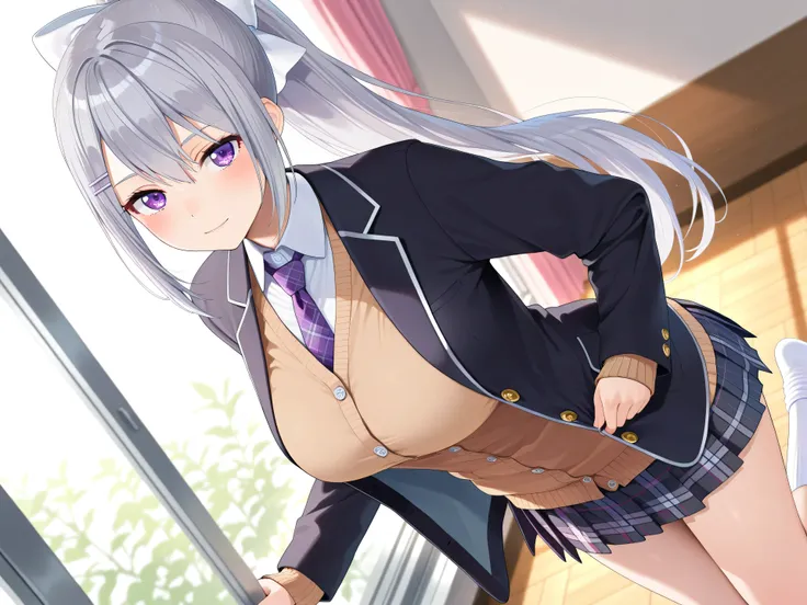 best quality, amazing quality, highres, absurdres, very aesthetic, high resolution, ultra detailed, perfect details,nijikaede,large breasts,purple eye,grey hair,long eyelashes,long hair,ponytail,white bow,hair pin,nijikaedecos,white shirt,purple necktie,pl...
