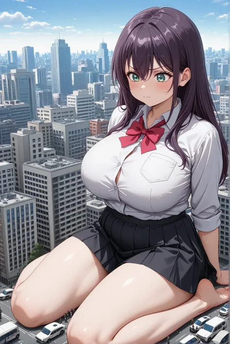 (((Arya from Rossidere))),high image quality、high image quality、8k、((((chestのボタンがはじけ飛ぶ)))), A Girl Bigger Than The City 、Big Breasts、Plump thighs 、1 girl,  giantess,  giant, bow, chest, city, skirt for ears, tooth, bare feet, cityscape, pleats_skirt for ea...