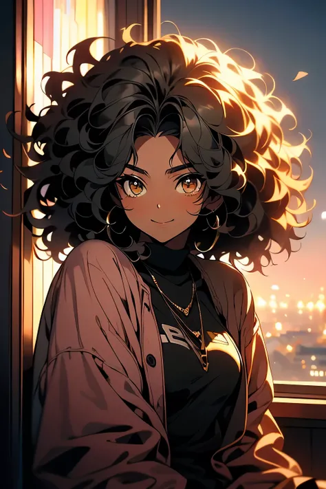 Dark-skinned anime girl, 14 anos, big black hair, afro curly , discreet smile,com um pretty face , casual clothes, in a daytime setting ((Best Quality)) ((detalhado)) ((hd)) ((pretty face)), ((1.2))