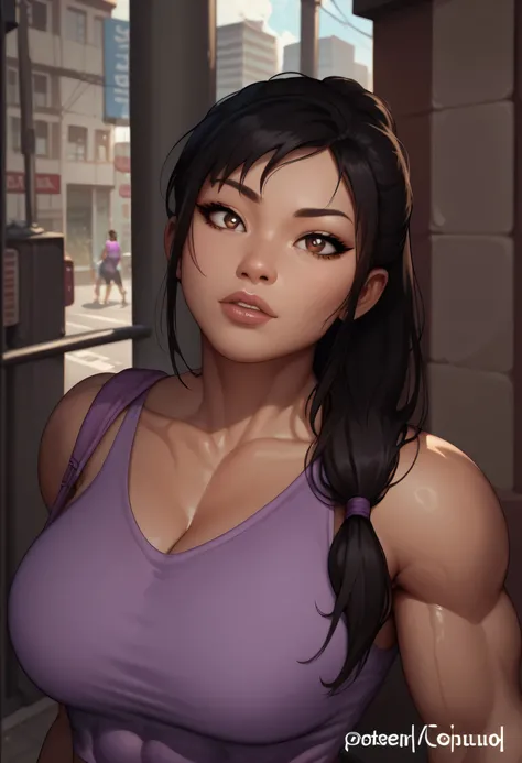 (female asian, asian face), ponytail, black hair, light brown eyes, tank top, purple tank top, big breasts, abs, muscles, detailed pupils, (dark street, city)