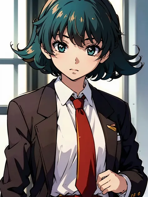 in room, anime style, 8k, masterpiece, ultra high res, focus upper body, medium bob hair, flip out hair, marine blue hair, break wearing school uniform, black blazer, break red tie, scowl,