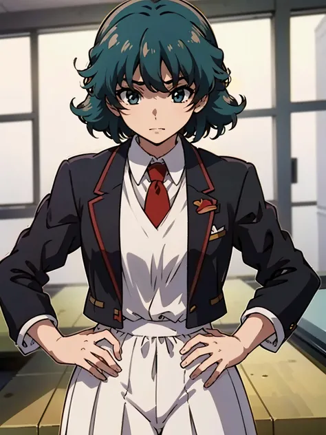 in room, anime style, 8k, masterpiece, ultra high res, focus upper body, medium bob hair, flip out hair, marine blue hair, break wearing school uniform, black blazer, break red tie, scowl,