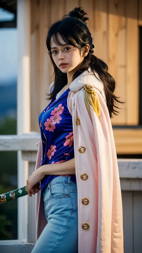 "Create a hyper-realistic portrait of a young female marine officer inspired by Tashigi from One Piece, depicted as if she exists in the real world. She has fair, smooth skin with a few faint, natural scars from sword training. Her physique is slim but ath...