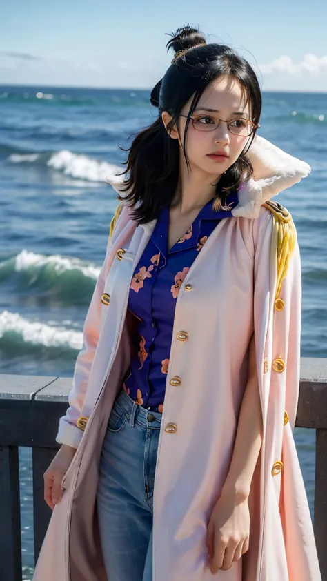 "Create a hyper-realistic portrait of a young female marine officer inspired by Tashigi from One Piece, depicted as if she exists in the real world. She has fair, smooth skin with a few faint, natural scars from sword training. Her physique is slim but ath...