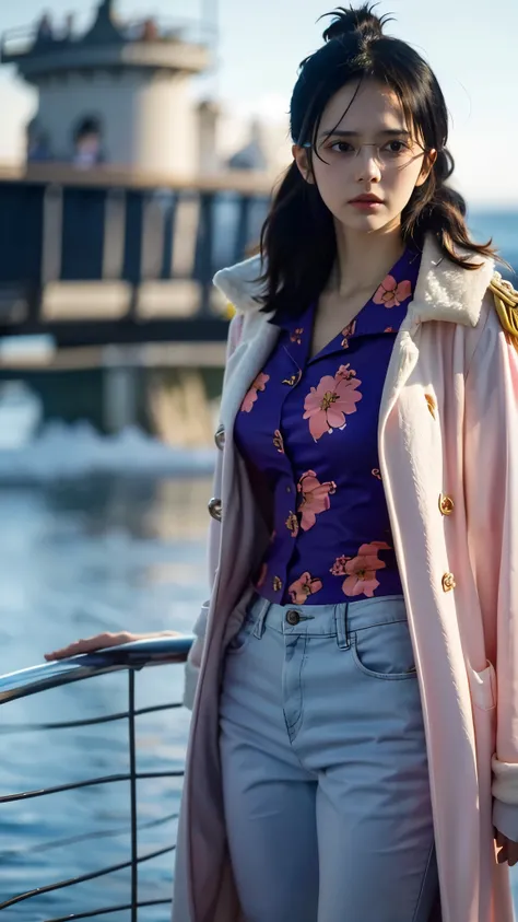 "Create a hyper-realistic portrait of a young female marine officer inspired by Tashigi from One Piece, depicted as if she exists in the real world. She has fair, smooth skin with a few faint, natural scars from sword training. Her physique is slim but ath...