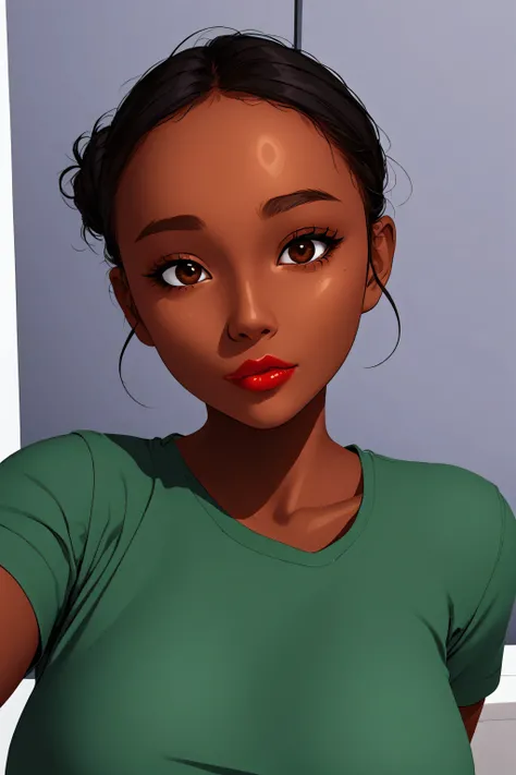 simple background, perfect face, hair bun, black hair, (forehead), black thin eyebrows, big glowing brown eyes, thick red lips, beautiful woman, shirt, green shirt, medium breasts, pov, ((female african, colored skin, brown skin))