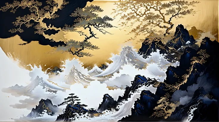 A painting of a mountain with a golden sky and clouds, Intricate ink painting detail, Kano Tan'yu, Inspired by Sōami, inspired by Jakuchu Ito, Gold foil embellishment, Gold Leaf Painting, Inspired by Kaii Higashiyama, Intricate ink painting , popula...