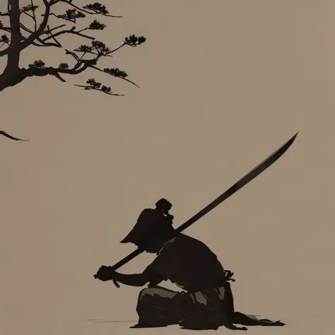 Distant view. Ink painting. Rough sketch. Ink sketch. Harakiri. Seppuku. The sword is stabbed into his own stomach. Composition seen from the side. Sitting upright. Crouching. Silhouette of a samurai with his head bowed and a flowering branch on his back. ...