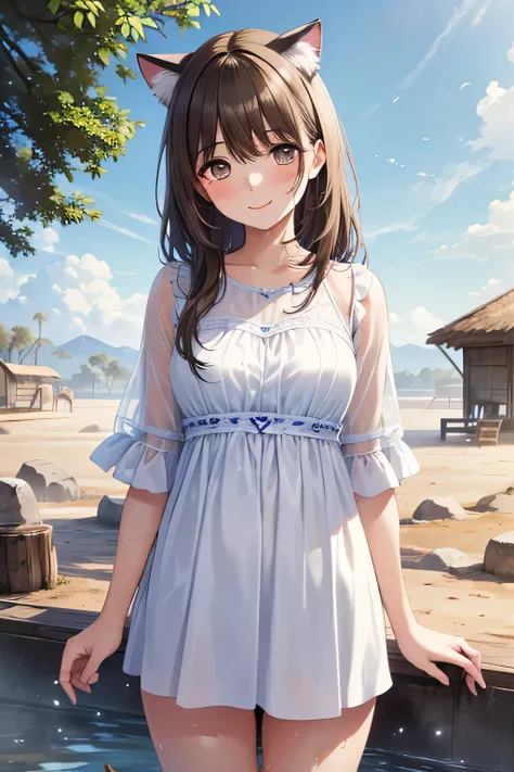 masterpiece,  best quality animated illustration, very detailed, one girl, Solo Focus , Beautiful girl with silver hair and cat ears , Change the animation, Cat Ears Lori ,  thighs emphasized, Good Bastet, Bathing in a desert oasis , Wet Sheer， 、Anegasaki ...