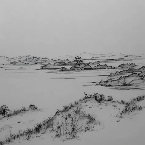 Distant view。ink painting。Rough sketch。ink sketch。Black and White。drawn on a plain white background。