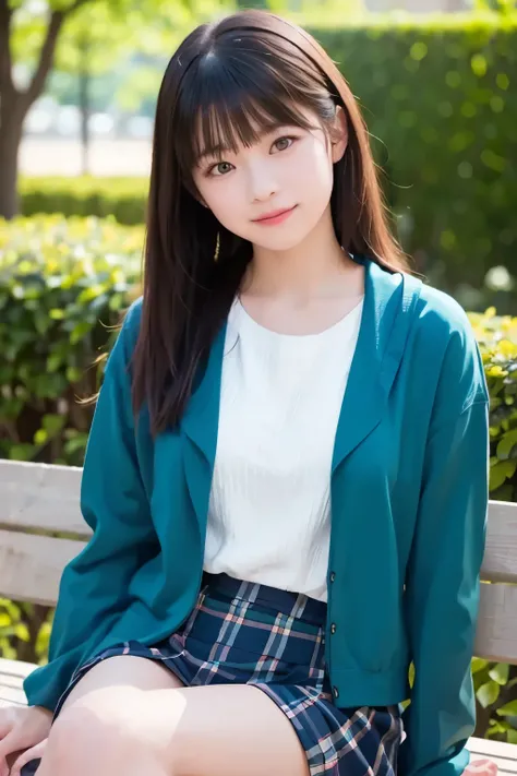 woman sitting on a park bench receiving natural light,relaxed expression,Wearing a jacket,Nice Face,long hair,自然光を受けた、Outdoor Garden,bright green plantings receiving natural light,soft light,realistic,High Quality,4K resolution,ultra-detailed,HDR,Vivid Col...