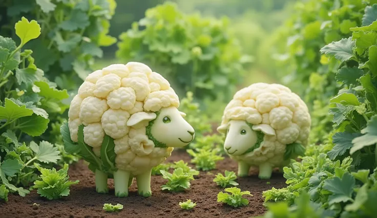 Cauliflower lambs, Vegetable garden background , luz suave