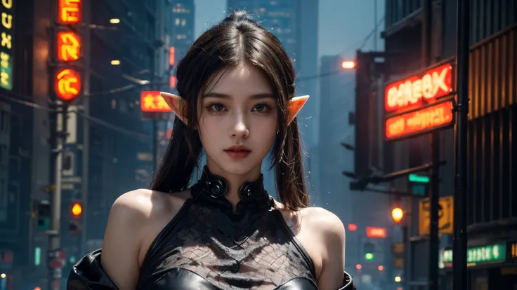  masterpiece,best quality,high resolution, 8,000,(Portrait Photos:1.5),(R Original photo),Real Photos,Digital photography,(Cyberpunk style city streets，Bustling city streets，Neon sign，After the Rain，Mist，steam),(Female elves), 20 year old girl, random hair...