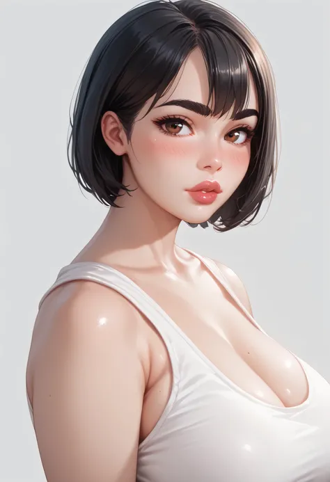 perfect face, black hair, medium hair, bob hair, black eyebrows, thin eyebrows, brown eyes, blush, thick lips, round tank top, white tank top, (large breasts 1.4), from side, looking at viewer, white background
