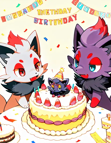 chibi Zorua(pokemon), and hisui zorua(pokemon),Zorua's birthday party, birthday cake on the table, birthday cake hat on Zorua's head, crackers, confetti, celebratory atmosphere, The antique and stylish rooms are filled with Pokemon goods,with female,black ...