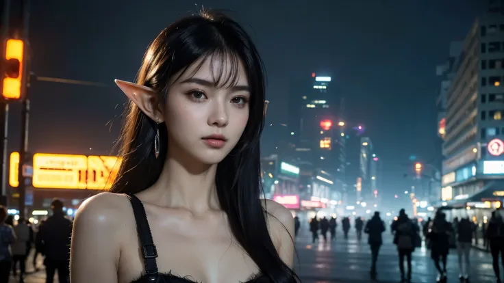  masterpiece,best quality,high resolution, 8,000,(Portrait Photos:1.5),(R Original photo),Real Photos,Digital photography,(Cyberpunk style city streets，Bustling city streets，Neon sign，After the Rain，Mist，steam),(Female elves), 20 year old girl, random hair...