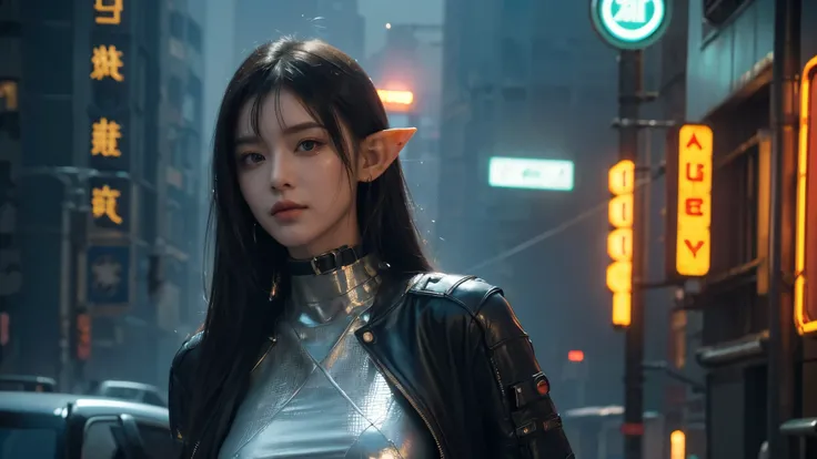 masterpiece,best quality,high resolution, 8,000,(Portrait Photos:1.5),(R Original photo),Real Photos,Digital photography,(Cyberpunk style city streets,Bustling city streets,Neon sign,After the Rain,Mist,steam),(Female elves), 20 year old girl, random hair...