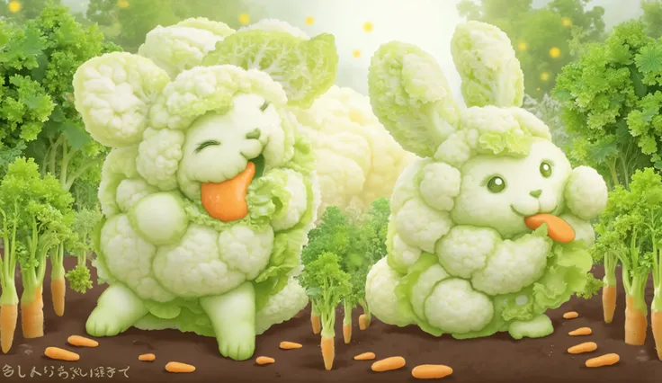 Cauliflower bunnies, Vegetable garden background with carrot harvest,  luz suave