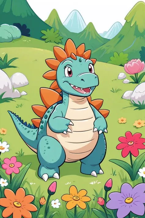 A happy stegosaurus, on the grass with six beautiful flowers around, thick black lines, white background, Cartoon style 