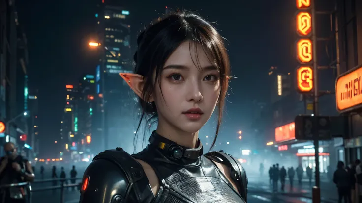  masterpiece,best quality,high resolution, 8,000,(Portrait Photos:1.5),(R Original photo),Real Photos,Digital photography,(Cyberpunk style city streets，Bustling city streets，Neon sign，After the Rain，Mist，steam),(Female elves), 20 year old girl, random hair...