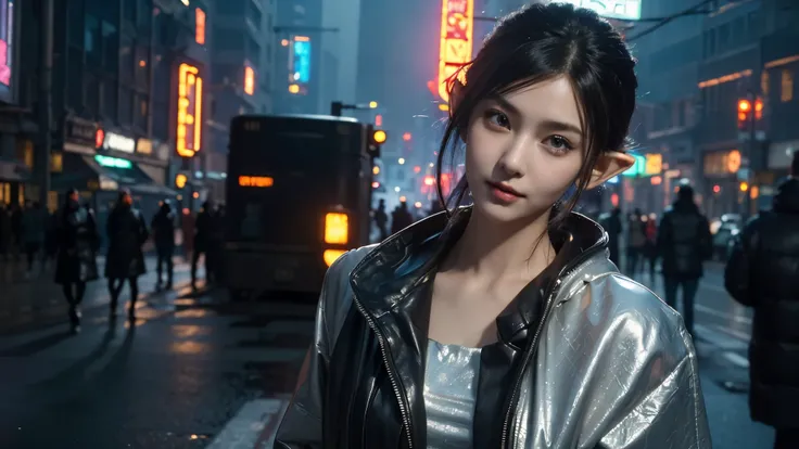 masterpiece,best quality,high resolution, 8,000,(Portrait Photos:1.5),(R Original photo),Real Photos,Digital photography,(Cyberpunk style city streets,Bustling city streets,Neon sign,After the Rain,Mist,steam),(Female elves), 20 year old girl, random hair...