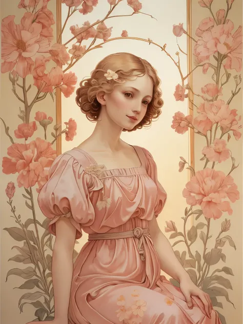 379 (20 year old women),(short hair),(gentle smile),(high quality photos),(Da Vinci ),(colorful floral dress),(A room with a large painting),((contrast between light and shade))