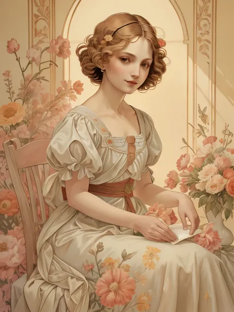379 (20 year old women),(short hair),(gentle smile),(high quality photos),(Da Vinci ),(colorful floral dress),(A room with a large painting),((contrast between light and shade))