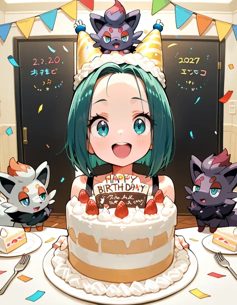 chibi Zorua(pokemon), and hisui zorua(pokemon),Zorua's birthday party, birthday cake on the table, birthday cake hat on Zorua's head, crackers, confetti, celebratory atmosphere, The antique and stylish rooms are filled with Pokemon goods,(with female,black...