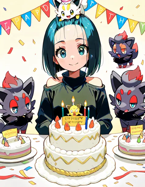 chibi Zorua(pokemon), and hisui zorua(pokemon),Zorua's birthday party, birthday cake on the table, birthday cake hat on Zorua's head, crackers, confetti, celebratory atmosphere, The antique and stylish rooms are filled with Pokemon goods,(with female,black...