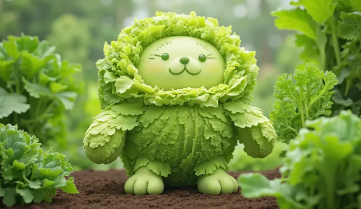 Fluffy frankstein, pokemon,  made from lettuce leaves, Soft light vegetable garden background