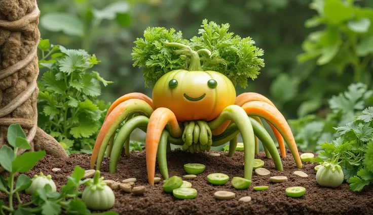 aranha,  made from vegetables, folhas, nabo, pods for the legs.