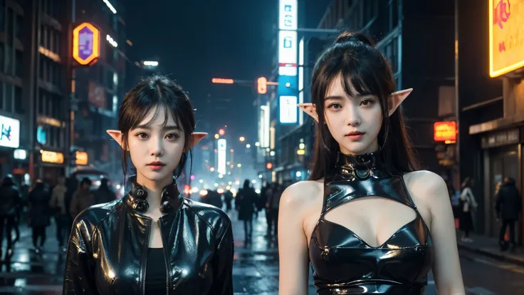  masterpiece,best quality,high resolution, 8,000,(Portrait Photos:1.5),(R Original photo),Real Photos,Digital photography,(Cyberpunk style city streets，Bustling city streets，Neon sign，After the Rain，Mist，steam),(Female elves), 20 year old girl, random hair...