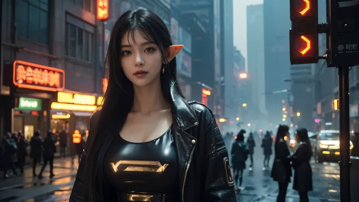  masterpiece,best quality,high resolution, 8,000,(Portrait Photos:1.5),(R Original photo),Real Photos,Digital photography,(Cyberpunk style city streets，Bustling city streets，Neon sign，After the Rain，Mist，steam),(Female elves), 20 year old girl, random hair...