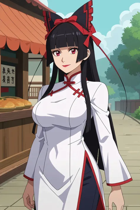 score_7_up, anime screencap,
 RoryMercury,
1girl, closed mouth, light smile,
long hair, black hair, red eyes, hime cut, blunt bangs, lipstick, hair bow,
over shoulder, Big breasts, vietnamese dress, pants, long sleeves, 
solo, cowboy shot, Boutdoors, 
