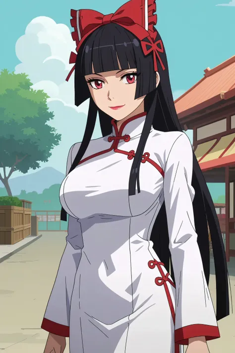 score_7_up, anime screencap,
 RoryMercury,
1girl, closed mouth, light smile,
long hair, black hair, red eyes, hime cut, blunt bangs, lipstick, hair bow,
over shoulder, Big breasts, vietnamese dress, pants, long sleeves, 
solo, cowboy shot, Boutdoors, 
