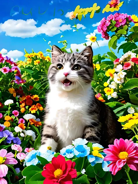 Picture of a kitten buried in flowers and plants against a blue sky, Picture of a cute smiling kitten, Happy kitten, Monet's oil paintings,Lots of colorful flowers blooming in the background