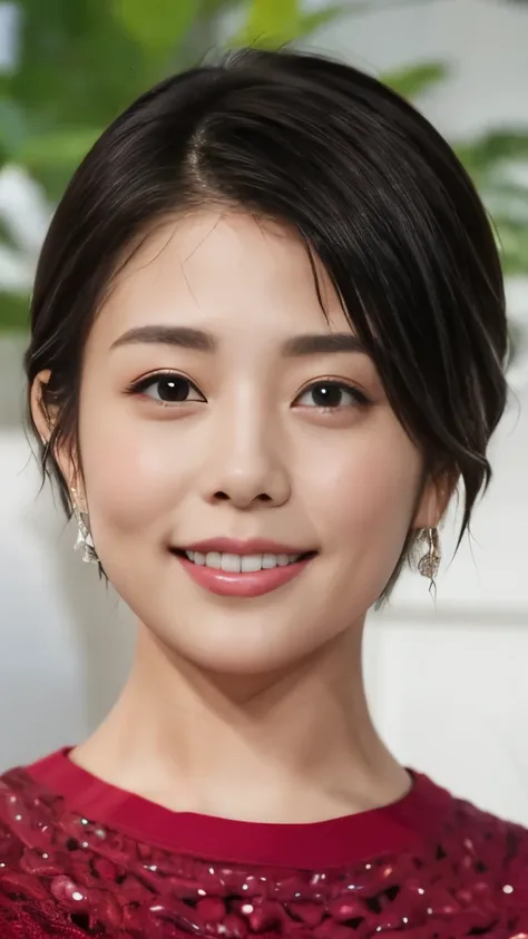 1 Female,Photorealistic,Highest quality,Ultra high definition,8K,Cool Beauty,Beauty,Perfect Style,Summer knitwear,Japanese,Upper body close-up,smile,looking at the camera,Very Short Bob、耳にピアス、薄い茶髪、ネックレス