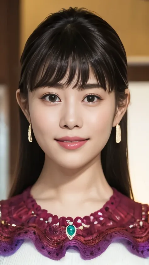 1 Female,Photorealistic,Highest quality,Ultra high definition,8K,Cool Beauty,Beauty,Perfect Style,Summer knitwear,Japanese,Upper body close-up,smile,looking at the camera,Very 、髪型ショートカット、カメラ目線、、耳にピアス、茶髪、ネックレス