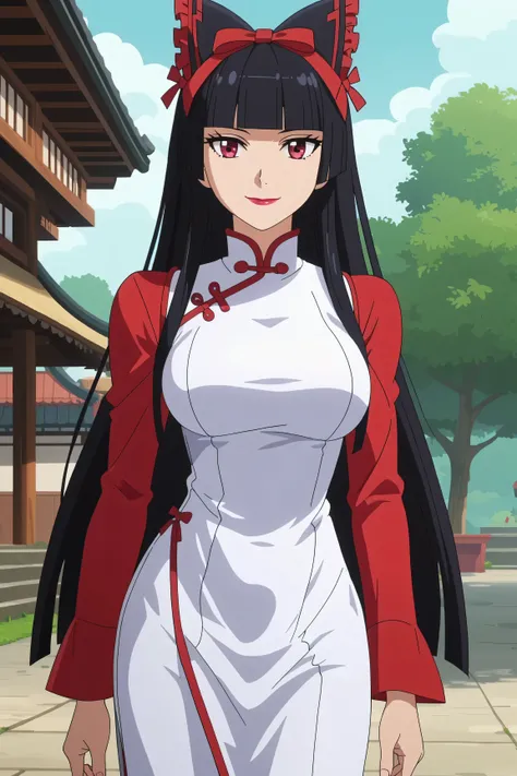 score_7_up, anime screencap,
 RoryMercury,
1girl, closed mouth, light smile,
long hair, black hair, red eyes, hime cut, blunt bangs, lipstick, hair bow,
over shoulder, Big breasts, vietnamese dress, pants, long sleeves, 
solo, cowboy shot, Boutdoors, 
