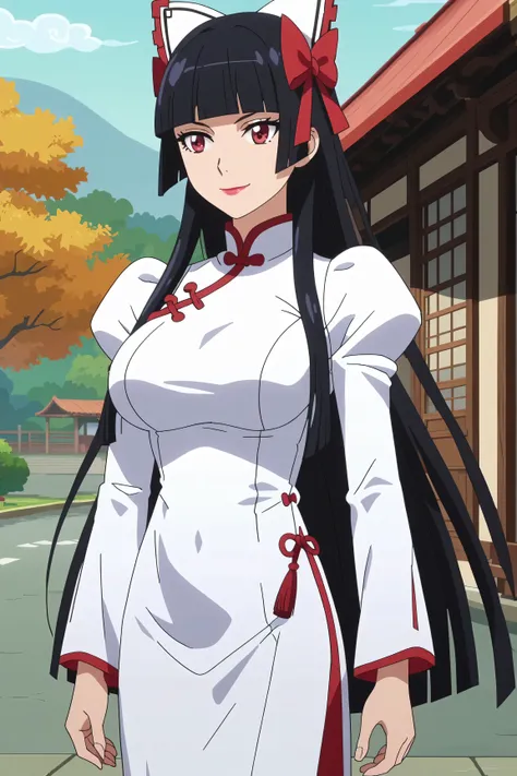 score_7_up, anime screencap,
 RoryMercury,
1girl, closed mouth, light smile,
long hair, black hair, red eyes, hime cut, blunt bangs, lipstick, hair bow,
over shoulder, Big breasts, vietnamese dress, pants, long sleeves, 
solo, cowboy shot, Boutdoors, 
