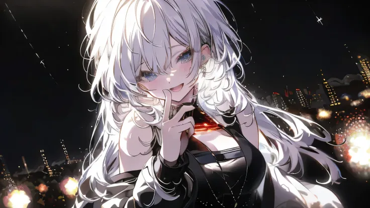 super realistic, 4k HD image , Highest Quality, SUPER SHARP, brilliant concert in the night, notes blend with starry sky, stage lighting everywhere, camera pointing from the audience to the stage, audience cheering the singers, super attractive and sexy an...
