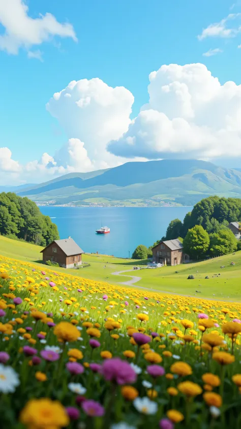 masterpiece、最High Quality、High Quality、Detailed CG Unity 8K Wallpaper、scenery、Admire the hilly meadow、窓の外のscenery、色とりどりの野生の草flower、The Sea Beyond the Meadow、nature、Swedish House facing the sea、There is a fishing boat、Blue Sky That Seems to Pass Through、depth of field、high resolution、flower、 Color Difference、photorealism、very detailed、CG Social Trends、complicated、high detail、Dramatic、