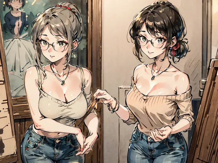 (Masterpiece: 1.2), Best quality, Aunt Cass Hamada from Big Hero 6, vermillion low-cut sweater, jeans, necklace, friendly expression, tall slender build, smaller breasts, grey hair in a ponytail, glasses, oil painting  