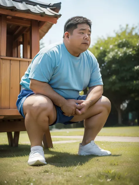 Thick Japan middle-aged man in his 50s, 1man, retarded, Human, Dwarfism, He wears a Light blue Hotpants, Bare thighs, ((peeing self, wetting self, pee stains,)), ((trembling, fear expression, scared, looking at viewer)), kindergarten background, It's a sun...