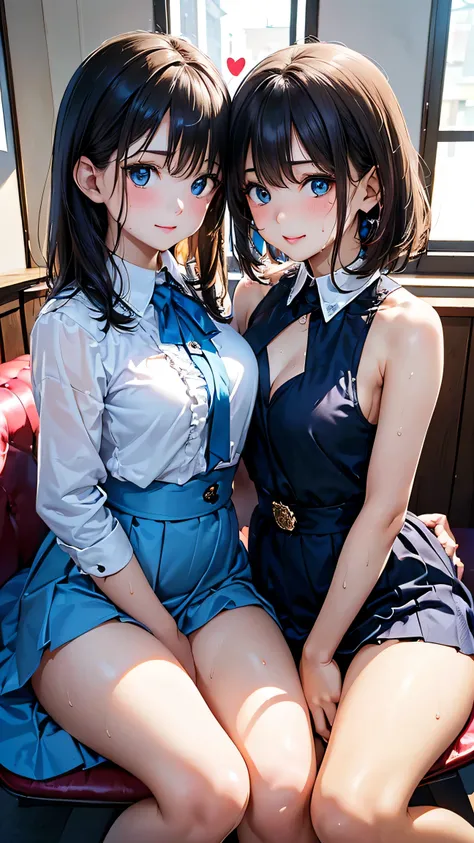 interior, two young women,,sexy, 8k resolution,((Highest Quality)), ultra high resolution, (expressionless）, (blue eyes）, Beautiful Symmetrical Face , (light blue evenly cut medium hair),blue idol stage costume,ruffle skirt,panties,realistic:1.4,(masterpie...