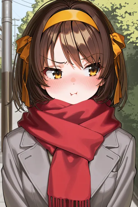 kmj-anonstyle, [artist:yoneyama mai], [artist:kanzarin], [artist: ekrea_jan], masterpiece,best quality,amazing quality, 748cmstyle, solo, eye focus, suzumiya haruhi no yuuutsu, suzumiya haruhi, 1girl, :t, blush, brown eyes, brown hair, closed mouth, embarr...