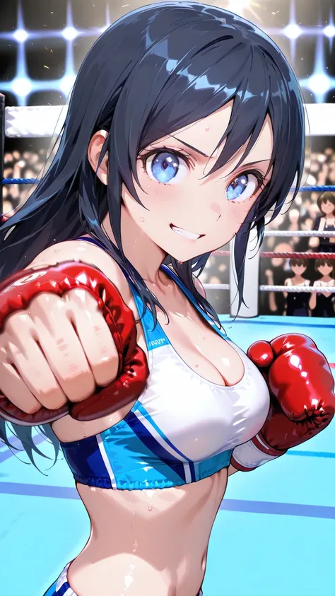 ayase aragaki, solo,  (punching at viewer:1.3), long hair, blue eyes, black hair, white MMA costume, boxing gloves, bare thigh, cleavage, medium breast, Perfect body, detailed eyes, detailed face, grinning, looking at viewer, (portrait, from side).

boxing...