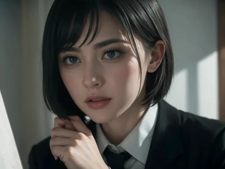 (masterpiece), best quality, expressive eyes, perfect face, himeno, NCIS chainsawman, Aqua eyes, short black hair, Greek Greece woman, nosebleed, (NCIS), wound, investigation background, thighs, depression face begging, slim, sweat, HD, CIA, white bra, hig...