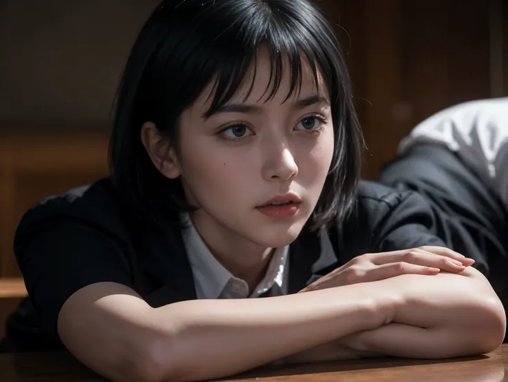 (masterpiece), best quality, expressive eyes, perfect face, himeno, NCIS chainsawman, Aqua eyes, short black hair, Greek Greece woman, nosebleed, (NCIS), wound, investigation background, thighs, depression face begging, slim, sweat, HD, CIA, white bra, hig...
